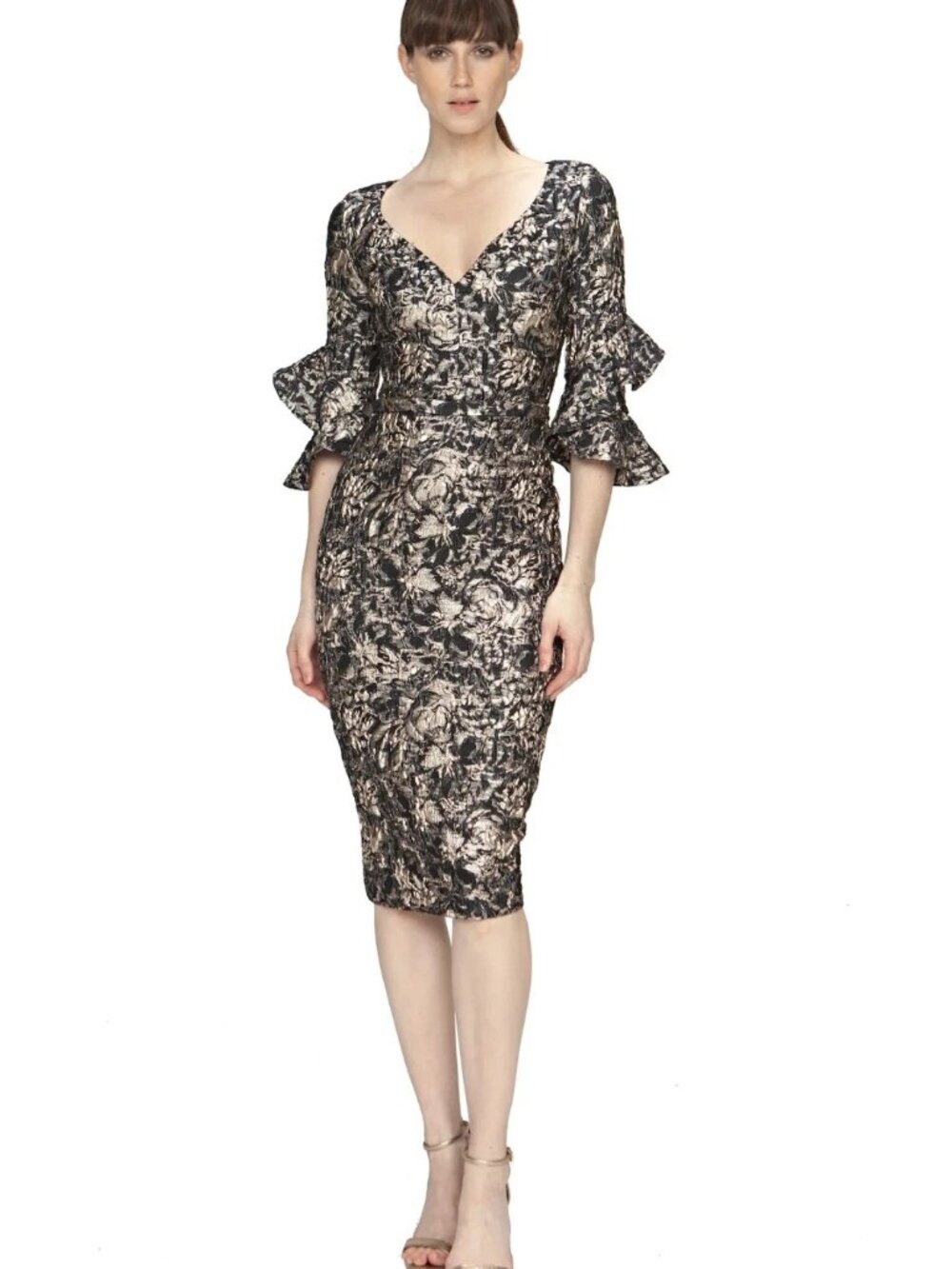Theia Black Gold V-Neck Ruffle Sleeve Cocktail Dress